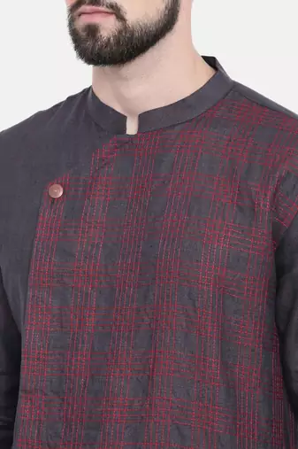 Mayank Modi Deep Purple Linen Stitch Detail Kurta Set