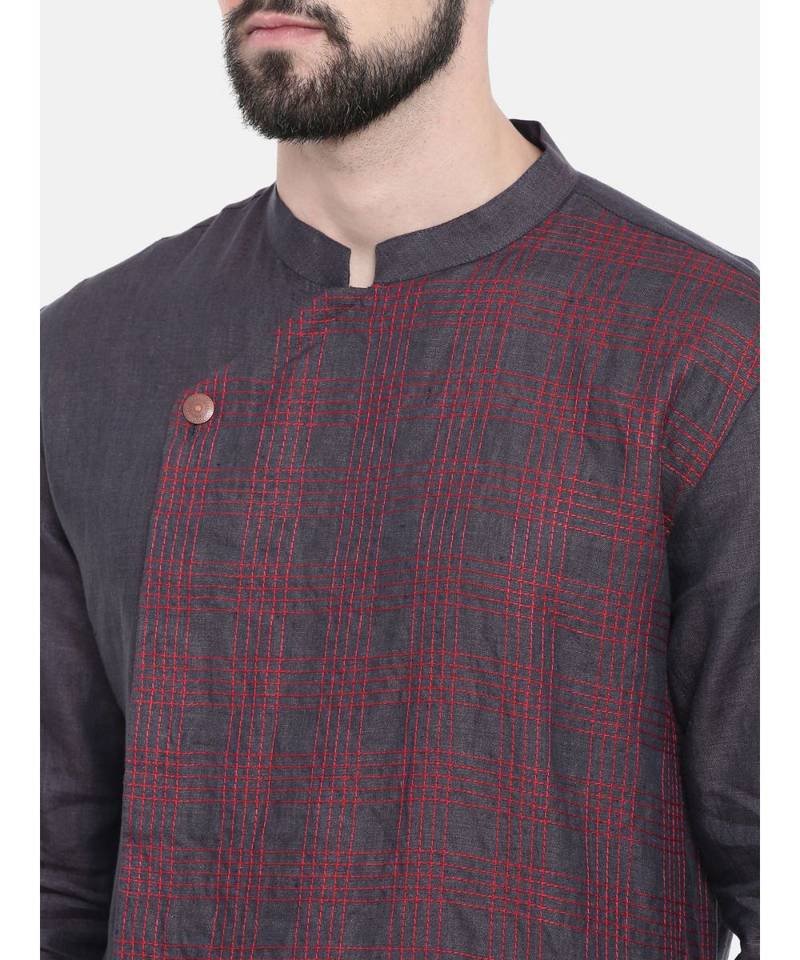Mayank Modi Deep Purple Linen Stitch Detail Kurta Set