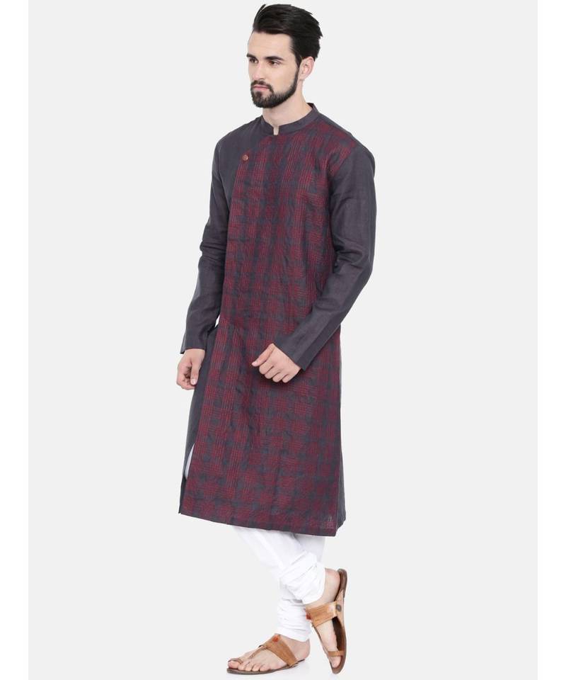 Mayank Modi Deep Purple Linen Stitch Detail Kurta Set