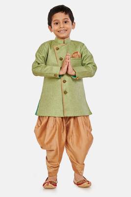 Green plain blended cotton boys-sherwani 1