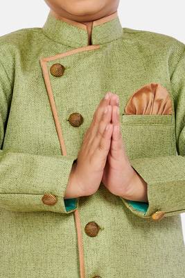 Green plain blended cotton boys-sherwani 4