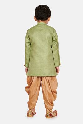 Green plain blended cotton boys-sherwani 5