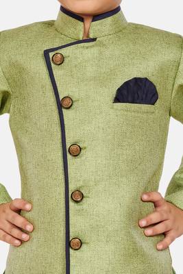 Green plain blended cotton boys-sherwani 4