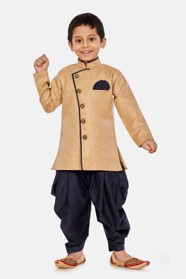 Beige plain blended cotton boys-sherwani 1