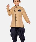 Beige plain blended cotton boys-sherwani