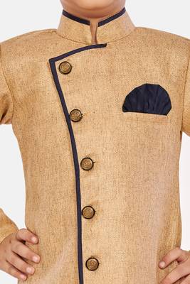 Beige plain blended cotton boys-sherwani 4