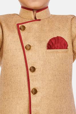 Beige plain blended cotton boys-sherwani 4