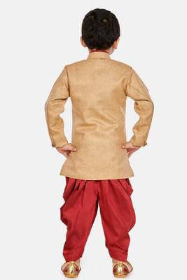 Beige plain blended cotton boys-sherwani 5