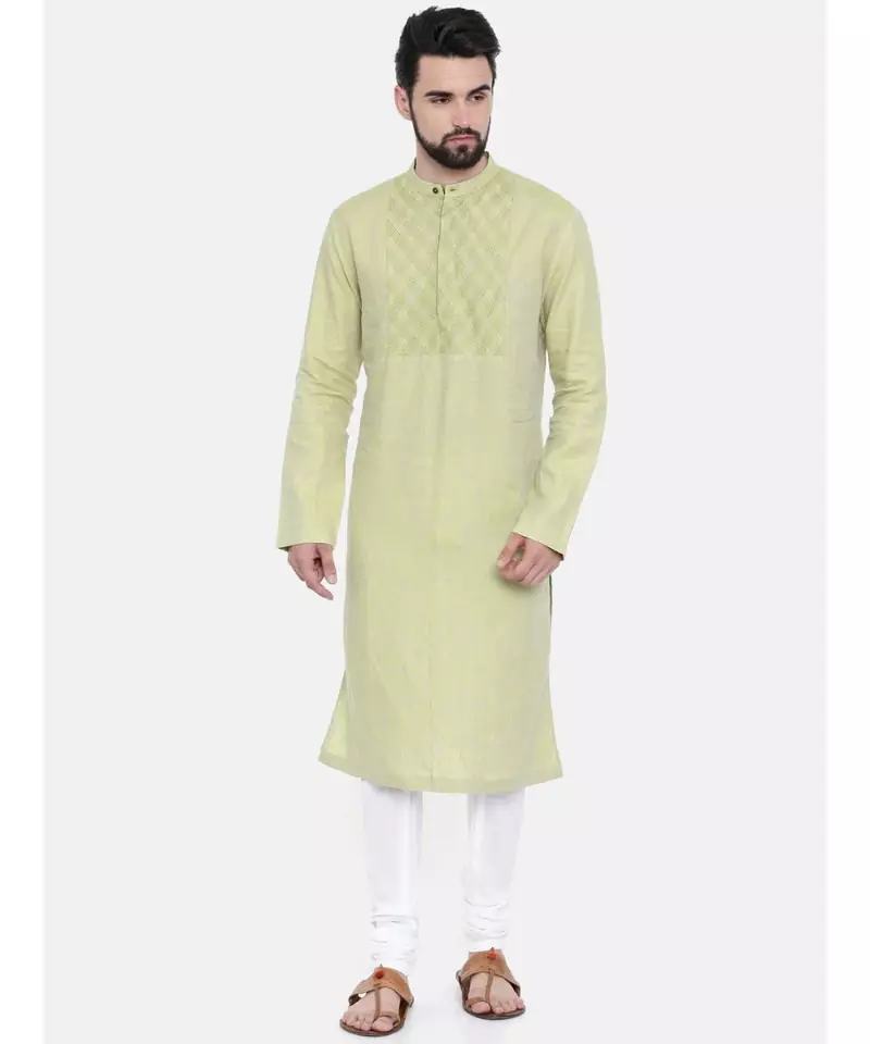 Mayank Modi Green Yellow Linen Kurta Set