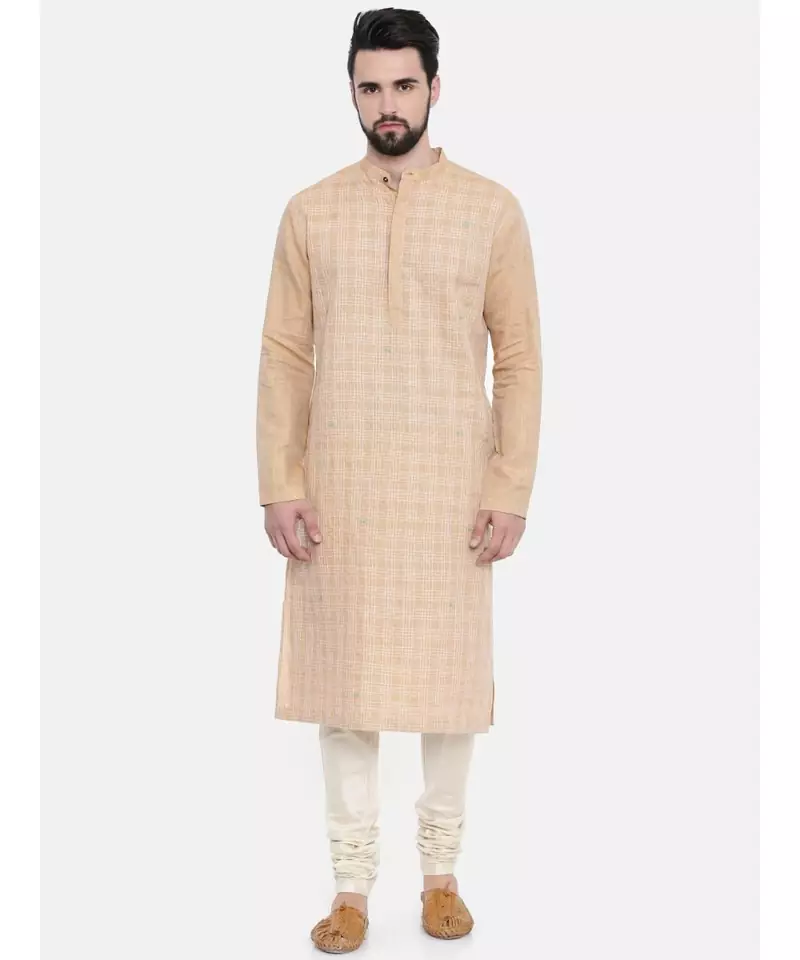 Mayank Modi Rust Beige Linen Embroidered Kurta Set