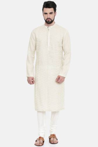 Mayank Modi Cream Linen Embroidered Kurta Set