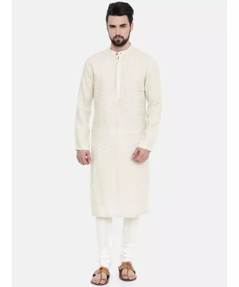 Mayank Modi Cream Linen Embroidered Kurta Set