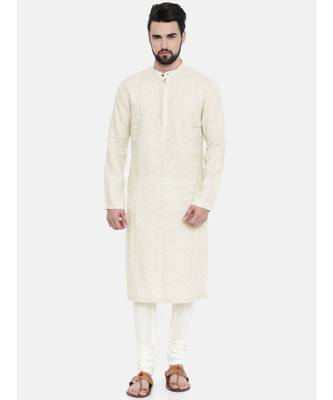 Mayank Modi Cream Linen Embroidered Kurta Set 1