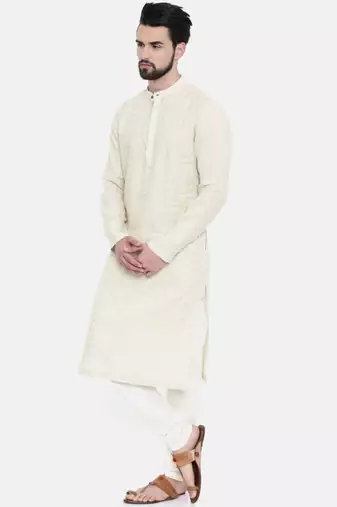 Mayank Modi Cream Linen Embroidered Kurta Set