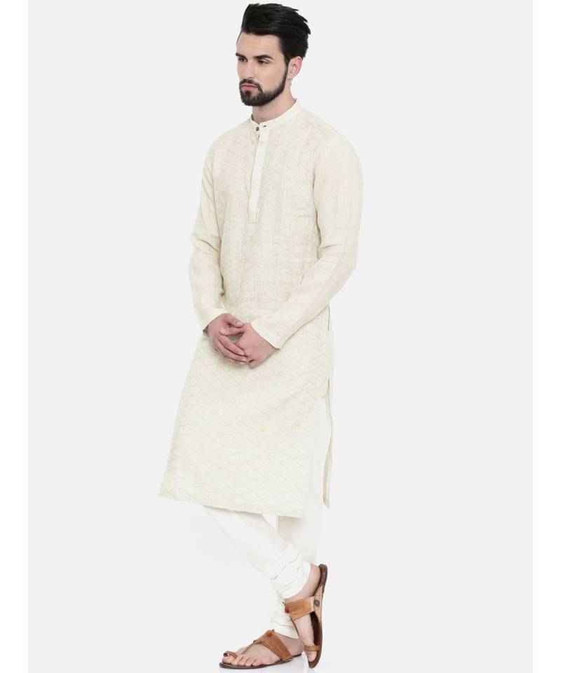 Mayank Modi Cream Linen Embroidered Kurta Set
