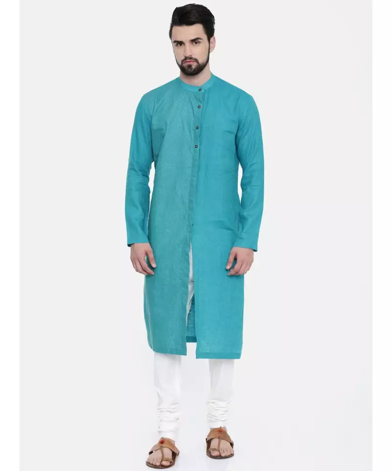 Mayank Modi Aqua Blue Linen Kurta Set