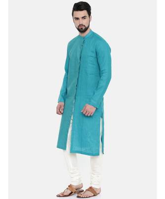 Mayank Modi Aqua Blue Linen Kurta Set 3