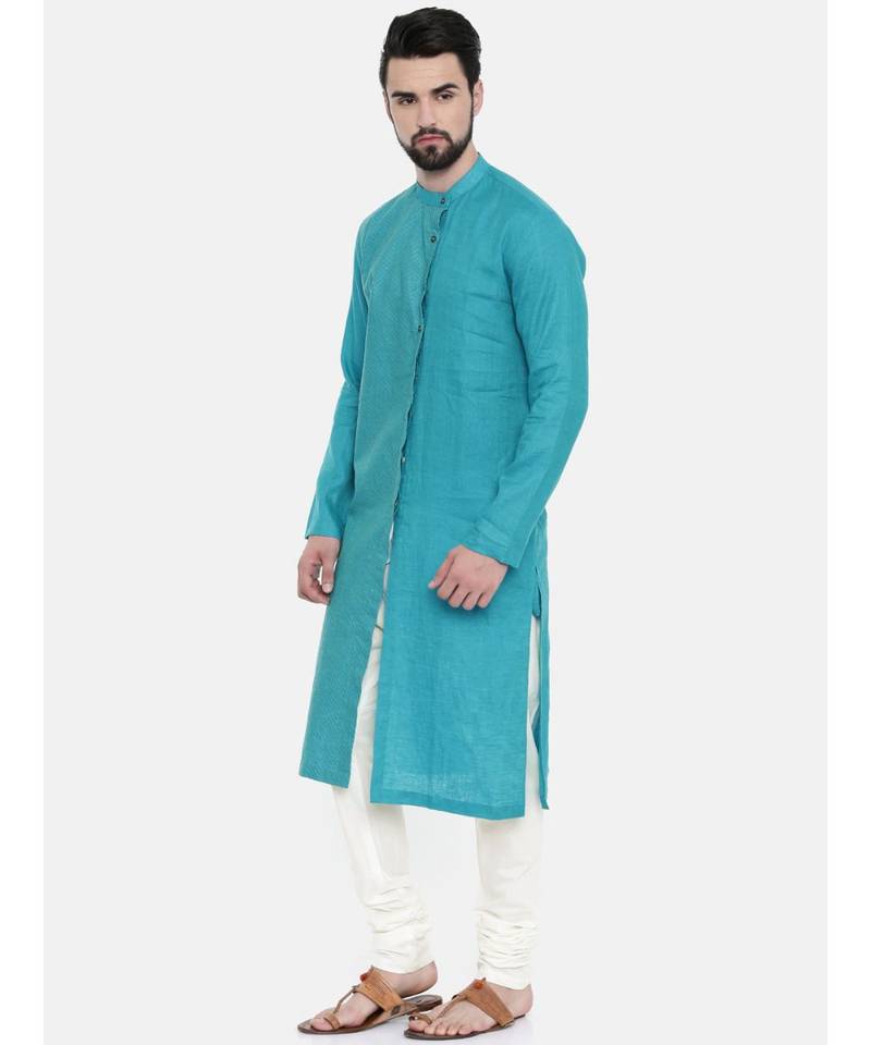 Mayank Modi Aqua Blue Linen Kurta Set