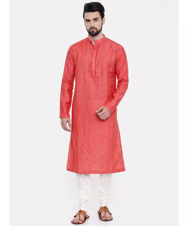 Mayank Modi Rust Orange Embroidered Linen Kurta Set