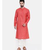 Mayank Modi Rust Orange Embroidered Linen Kurta Set