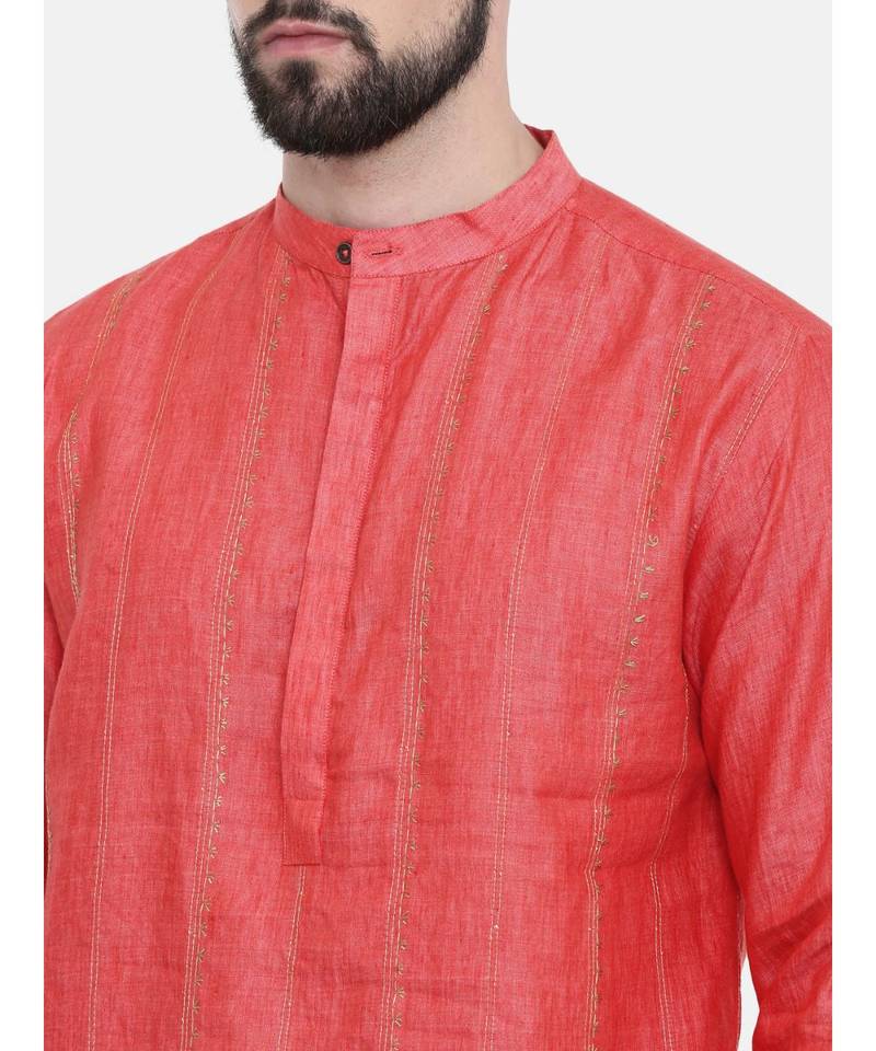 Mayank Modi Rust Orange Embroidered Linen Kurta Set
