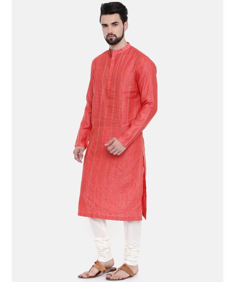 Mayank Modi Rust Orange Embroidered Linen Kurta Set