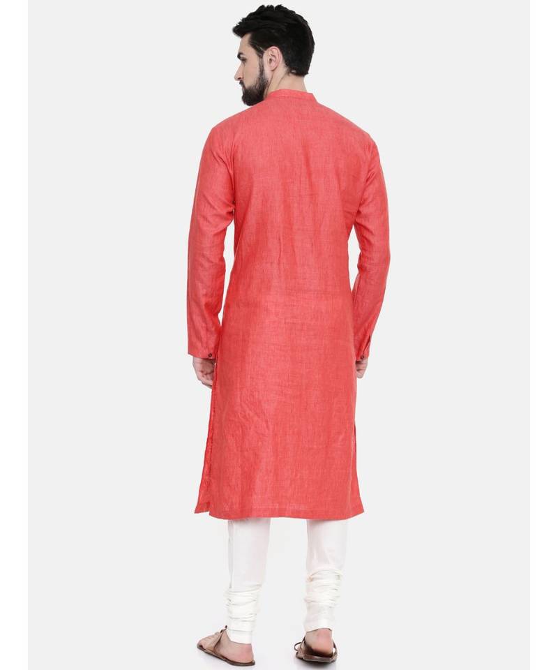 Mayank Modi Rust Orange Embroidered Linen Kurta Set