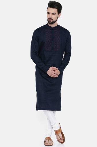Mayank Modi Navy Blue Linen  Satin Embroidered Kurta Set