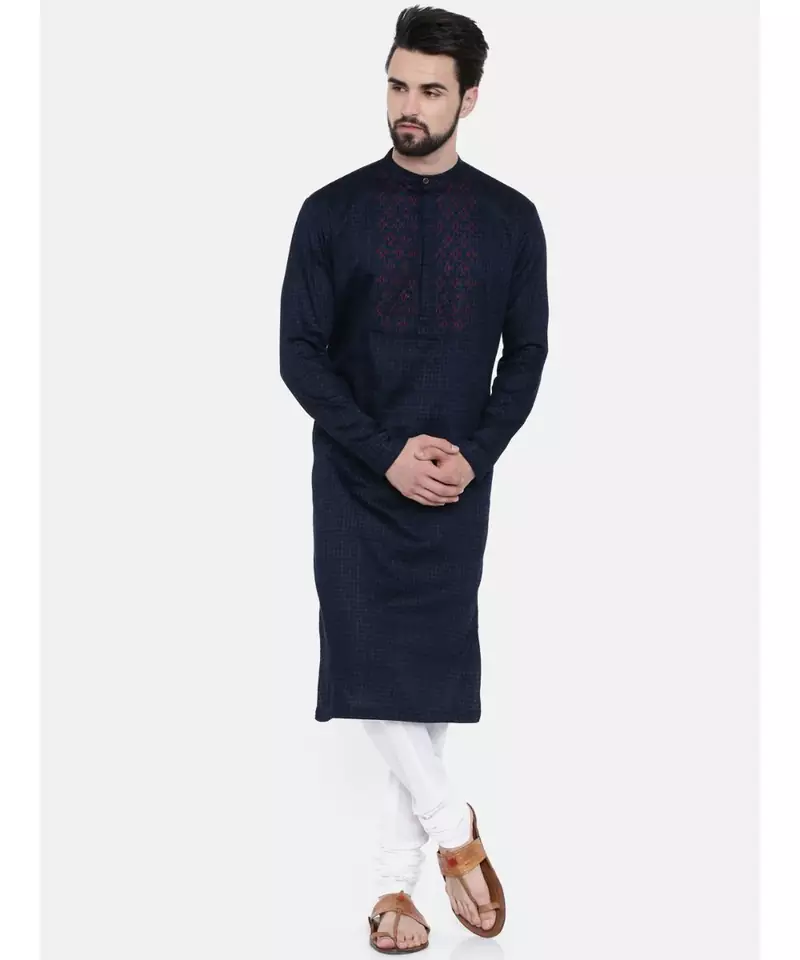 Mayank Modi Navy Blue Linen  Satin Embroidered Kurta Set