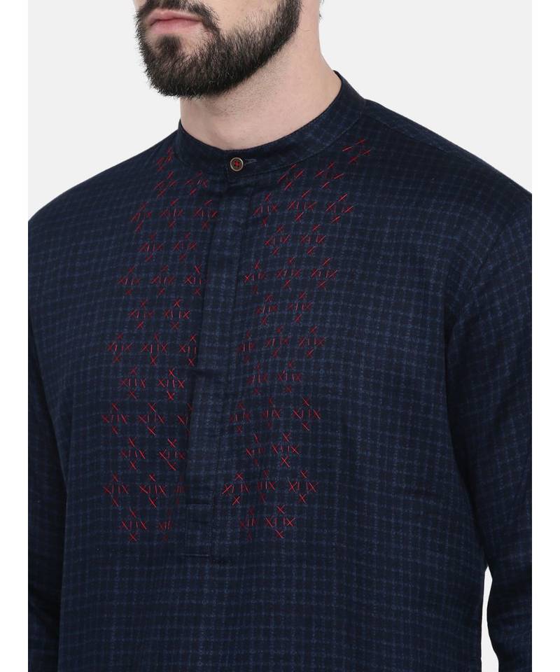 Mayank Modi Navy Blue Linen  Satin Embroidered Kurta Set