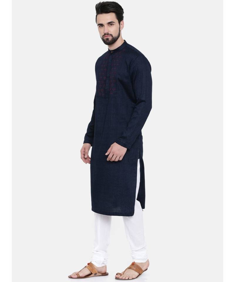 Mayank Modi Navy Blue Linen  Satin Embroidered Kurta Set