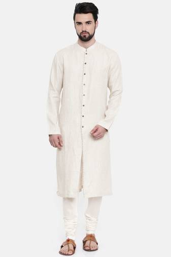 Mayank Modi Beige Linen Embroidered Kurta Set