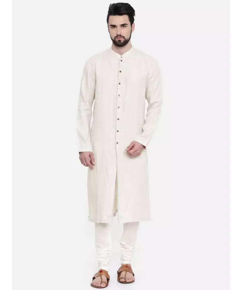 Mayank Modi Beige Linen Embroidered Kurta Set