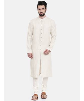 Mayank Modi Beige Linen Embroidered Kurta Set 1