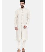 Mayank Modi Beige Linen Embroidered Kurta Set