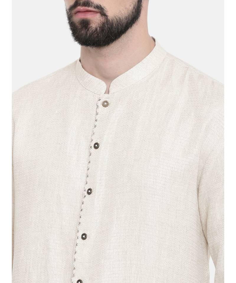 Mayank Modi Beige Linen Embroidered Kurta Set