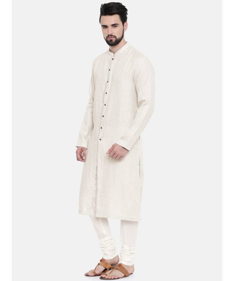 Mayank Modi Beige Linen Embroidered Kurta Set