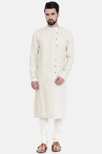 Mayank Modi Beige Linen Running Stitch Kurta Set