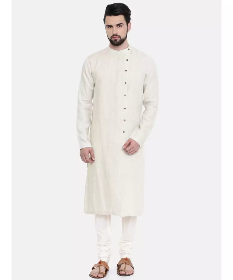 Mayank Modi Beige Linen Running Stitch Kurta Set