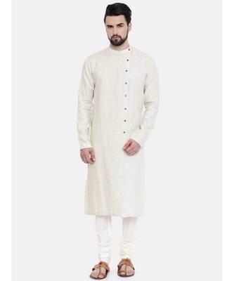 Mayank Modi Beige Linen Running Stitch Kurta Set 1