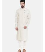 Mayank Modi Beige Linen Running Stitch Kurta Set