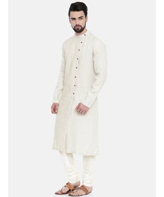 Mayank Modi Beige Linen Running Stitch Kurta Set 3