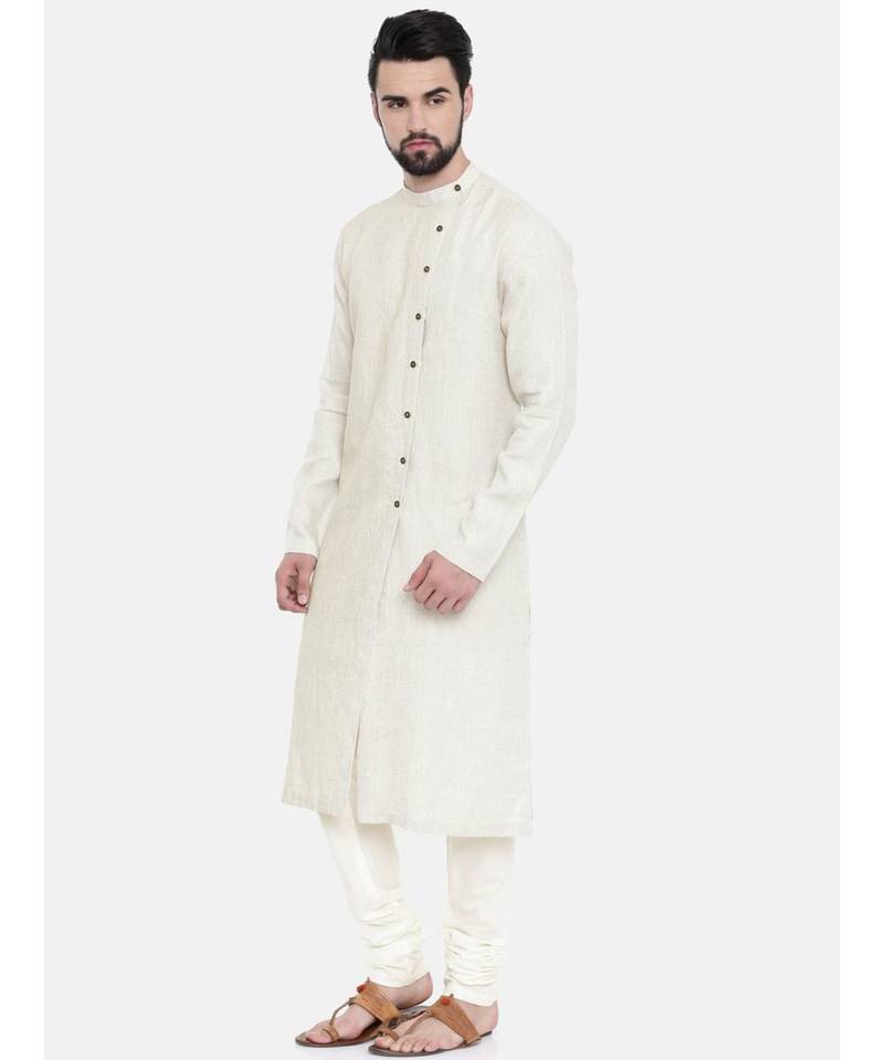 Mayank Modi Beige Linen Running Stitch Kurta Set