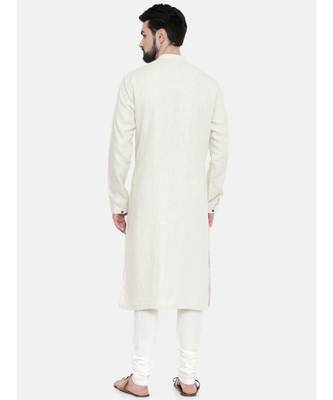 Mayank Modi Beige Linen Running Stitch Kurta Set 4