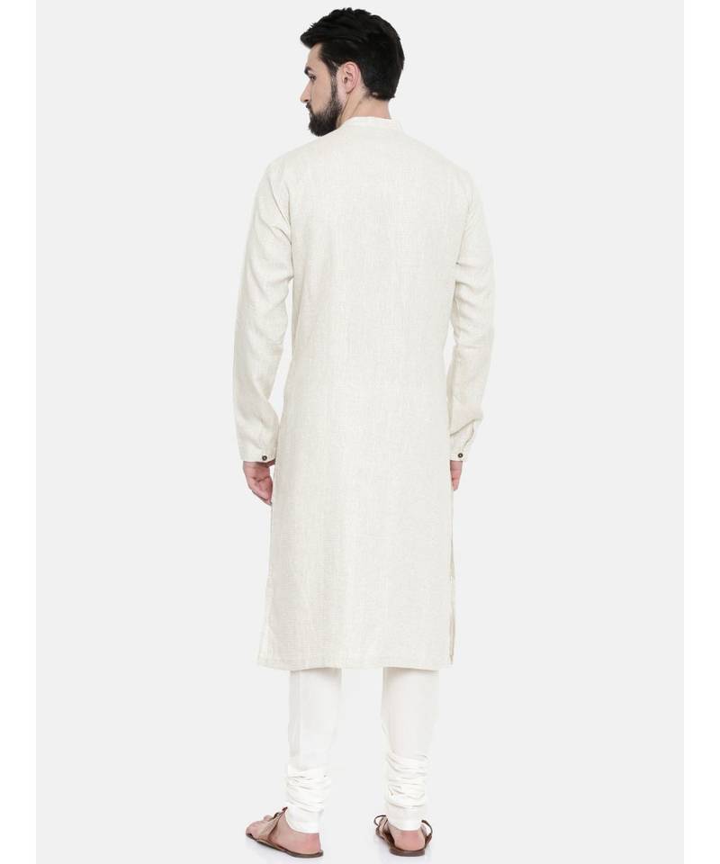 Mayank Modi Beige Linen Running Stitch Kurta Set