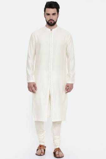 Mayank Modi Cream Silk Jaquard Embroidered Kurta Set