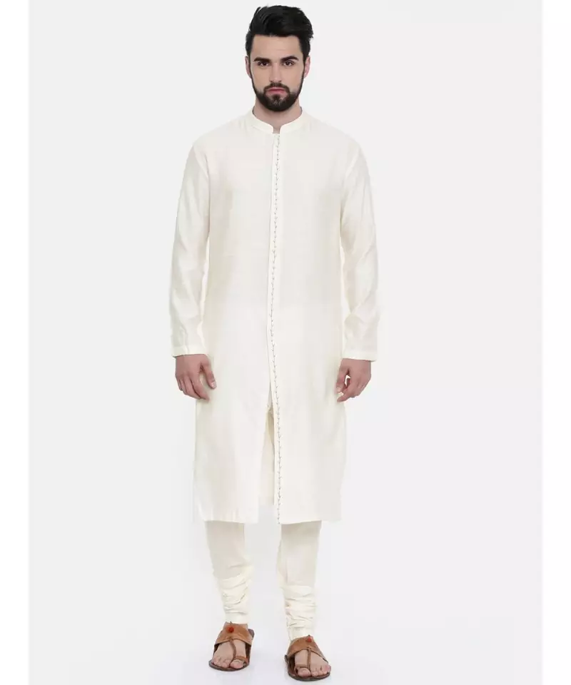 Mayank Modi Cream Silk Jaquard Embroidered Kurta Set