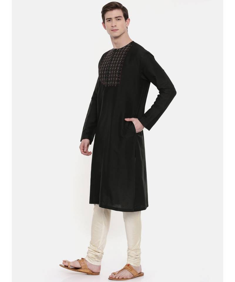 Mayank Modi Silk Black Embroidered Kurta Set
