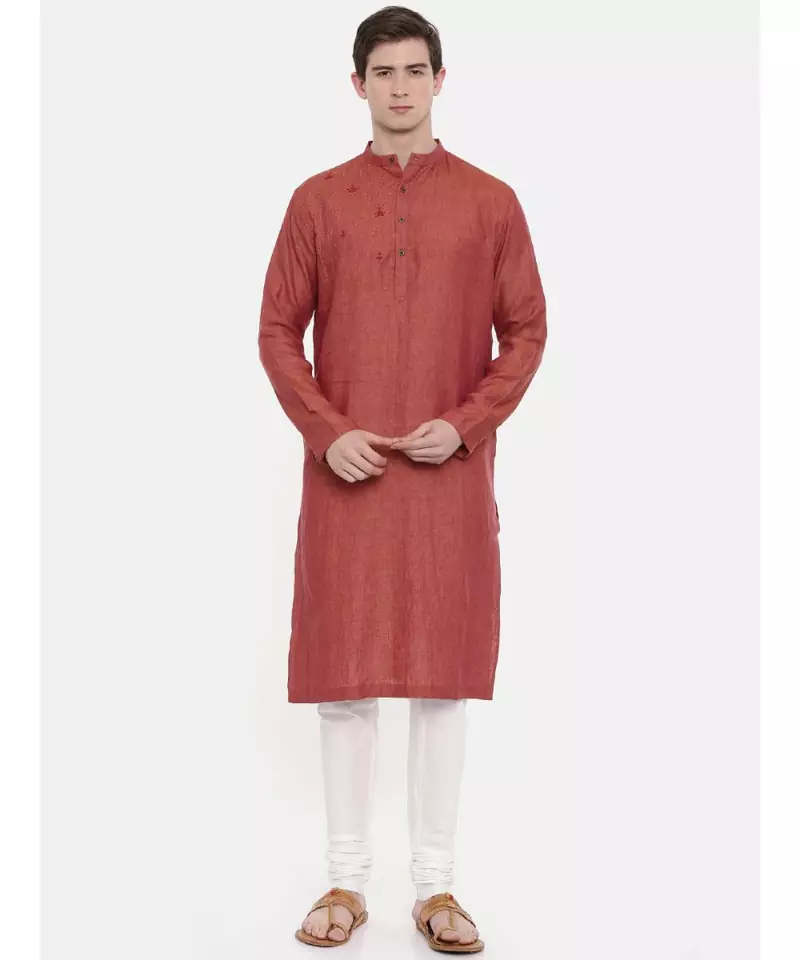 Mayank Modi Rust Orange Linen Kurta Set