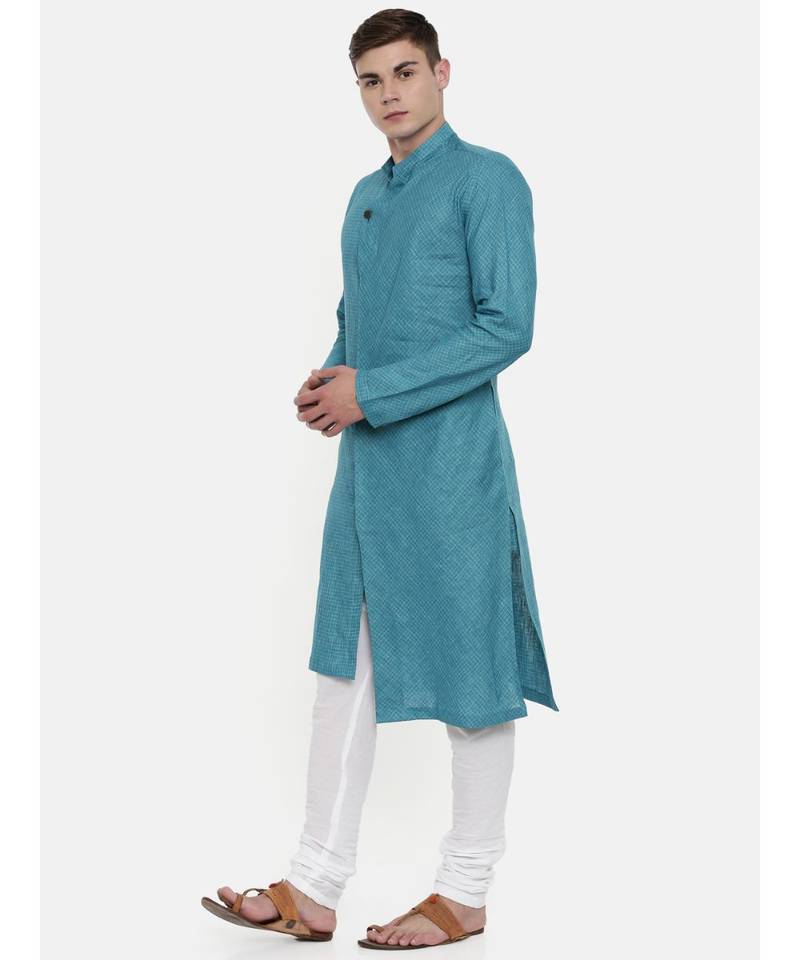 Mayank Modi Blue Chekered Linen Kurta